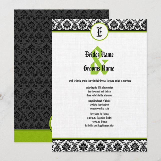 Convite de Casamento Green & Black Renaissance Dam (Frente/Verso)