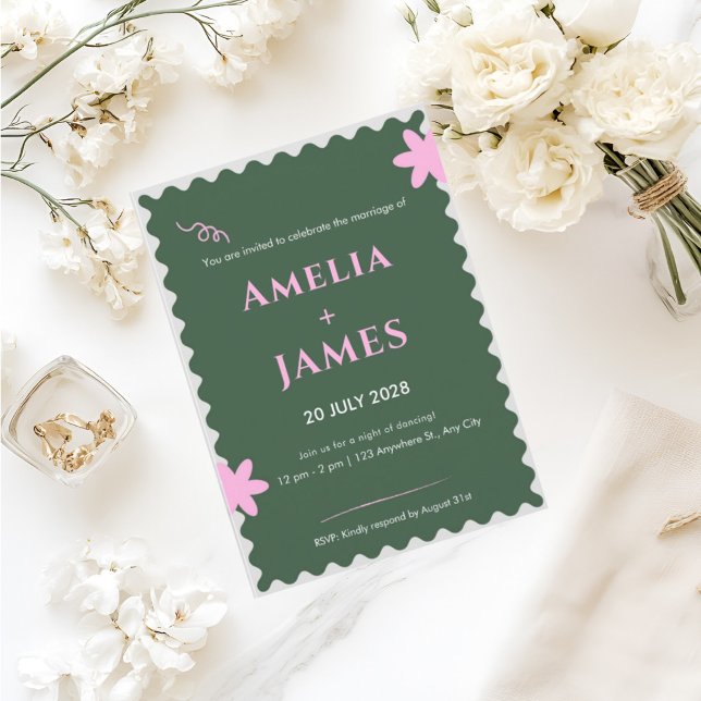 Convite de casamento Green Pink Doodle (Criador carregado)