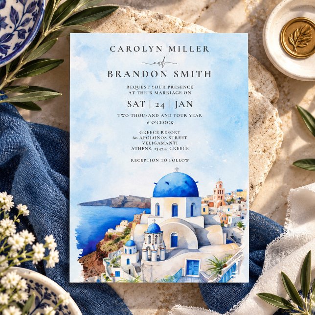 Convite de Casamento Grego Elegante de Santorini (Elegant Santorini Greek Wedding Invitation)