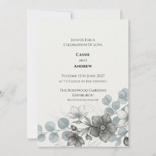Convite de Casamento Grey Blue Anemone Eucalyptus