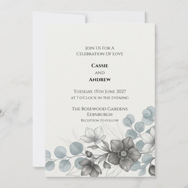 Convite de Casamento Grey Blue Anemone Eucalyptus (Frente)