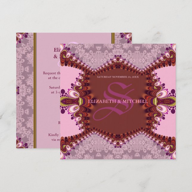 Convite de Casamento Groovy Bohemian Damask (Frente/Verso)