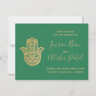 Convite de Casamento Hamsa Henna Dourado Verde Des