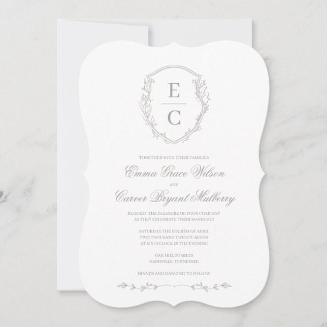 Convite de Casamento Heritage Monogram Crest Bege (Frente)