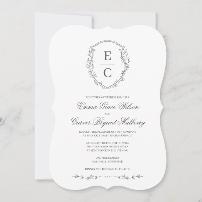 Convite de Casamento Heritage Monogram Crest Cinza (Frente)