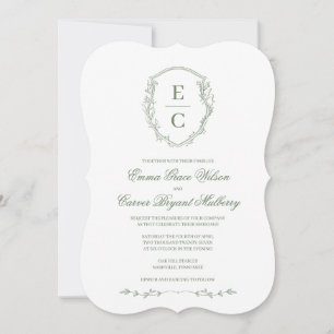 Convite de Casamento Heritage Monogram Crest Sage