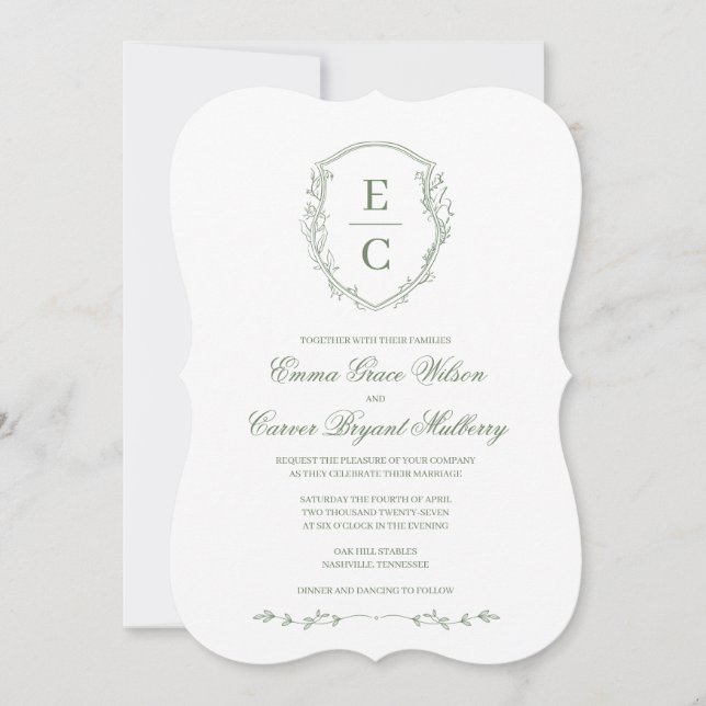 Convite de Casamento Heritage Monogram Crest Sage (Frente)