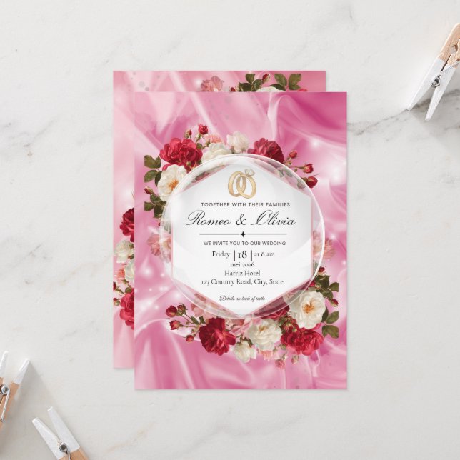 Convite de Casamento Hexágono com Rosas Vermelhas  (Frente/Verso In Situ)
