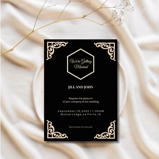 Convite de Casamento Hexágono Preto e Creme  (Criador carregado)