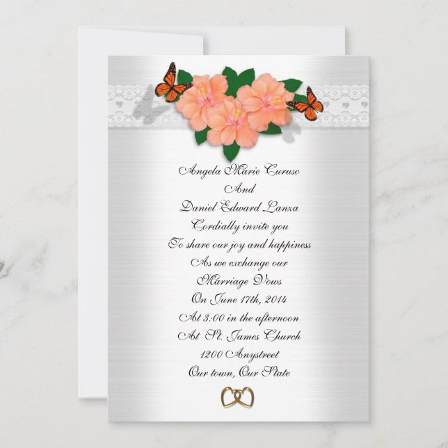Convite de casamento hibisco e borboletas (Frente)