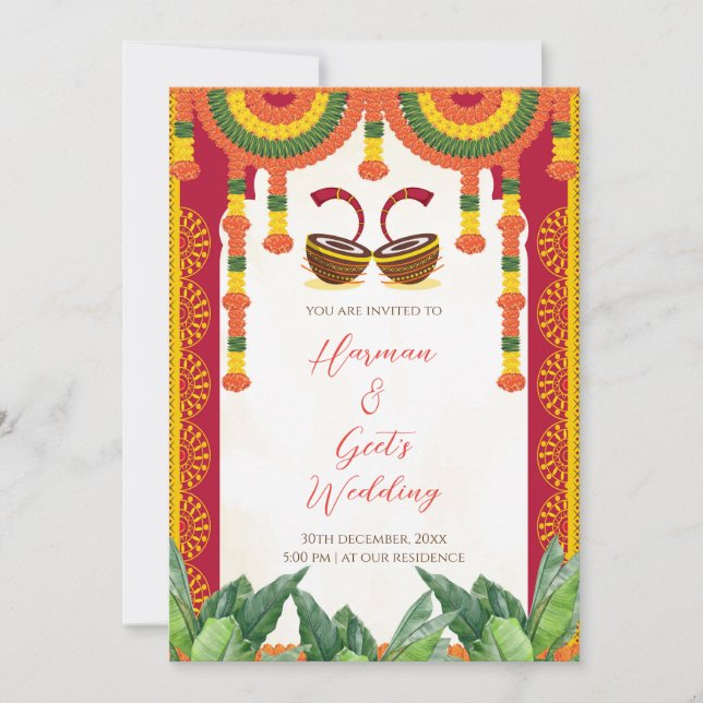 Convite de Casamento Hindu | Cartão Dhol Drum Mari (Frente)