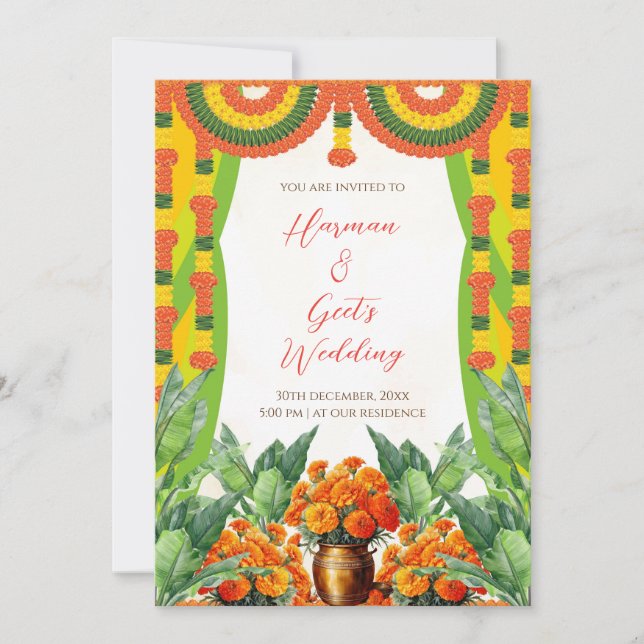 Convite de Casamento Hindu | Floral de Guirlanda d (Frente)