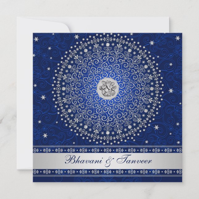 Convite de casamento Hindu Ganesh Blue Silver Scro (Frente)