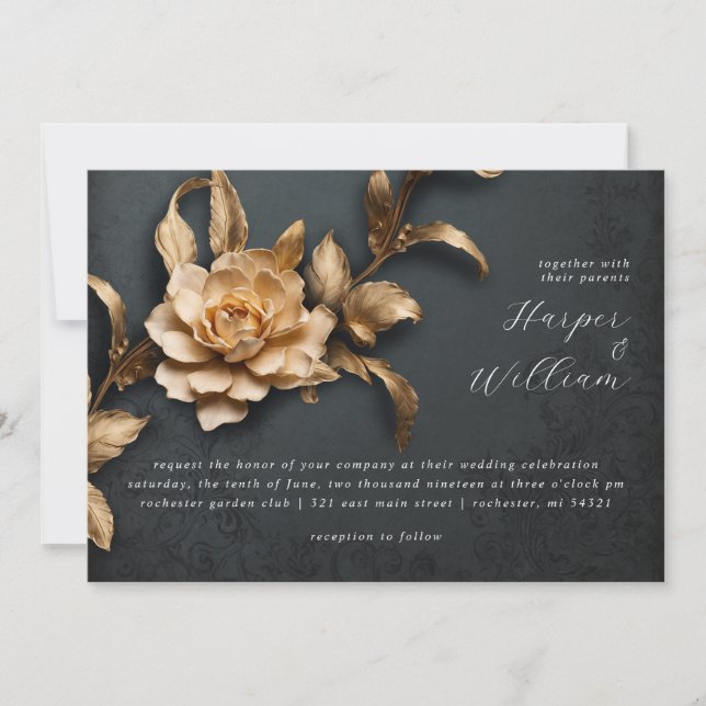 convite de casamento horisontal de ouro (Frente)