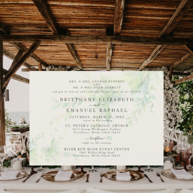 Convite de Casamento Horizontal Elegante Folhagem  (Criador carregado)