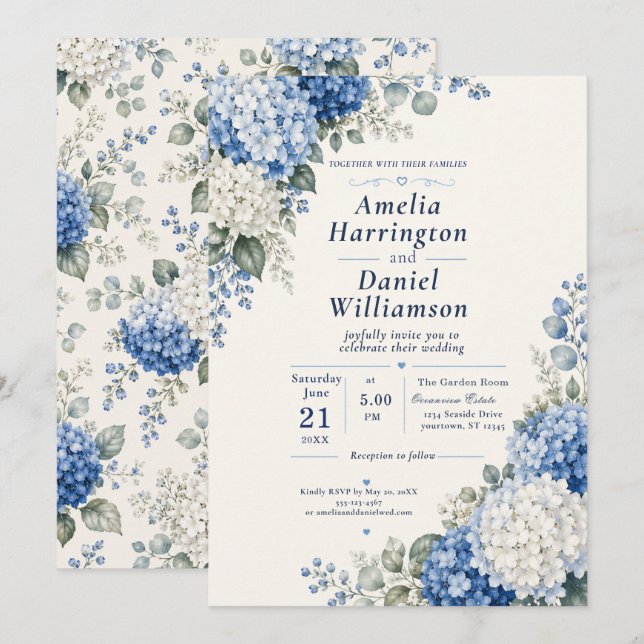 Convite de Casamento Hortênsia Azul (Frente/Verso)
