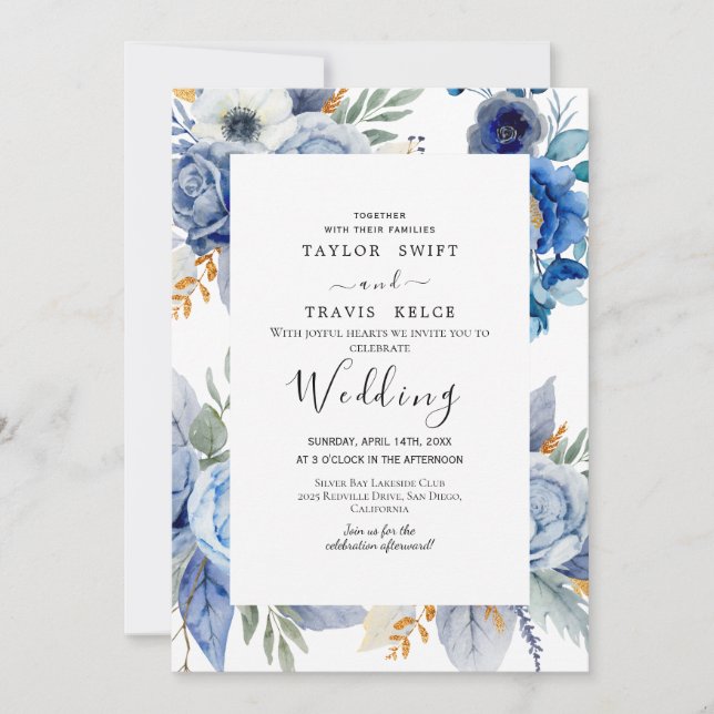 Convite de Casamento Hortênsia Azul Branco (Frente)