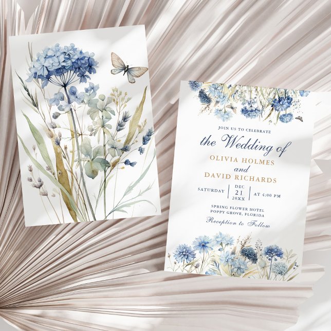 Convite de Casamento Hydrangea Champagne Azul Empo (Boho French Blue Wildflower Meadow Wedding Invite on a sunny boho neutral dry palm leaf.)
