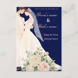 Convite de Casamento Ilustração Azul Naval Românti