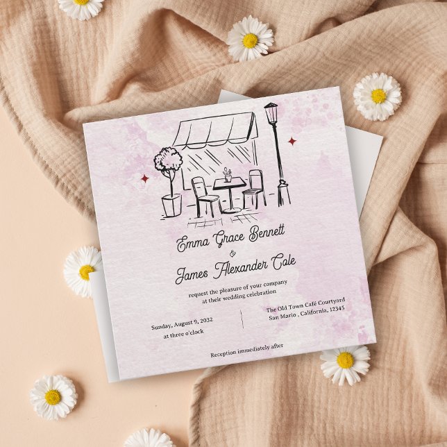 Convite de Casamento Ilustração Café com Aquarela  (Blush Watercolor Café Illustration Wedding Invite)