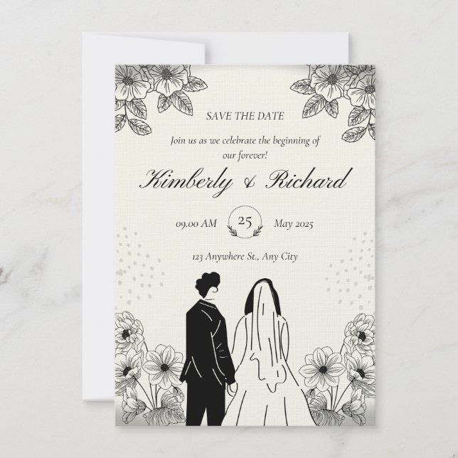 Convite de Casamento Ilustração Simples Bege Preto (Frente)