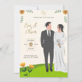 Convite de Casamento Ilustrado Amarelo Verde
