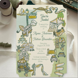 Convite de casamento ilustrado da cidade ribeirinh