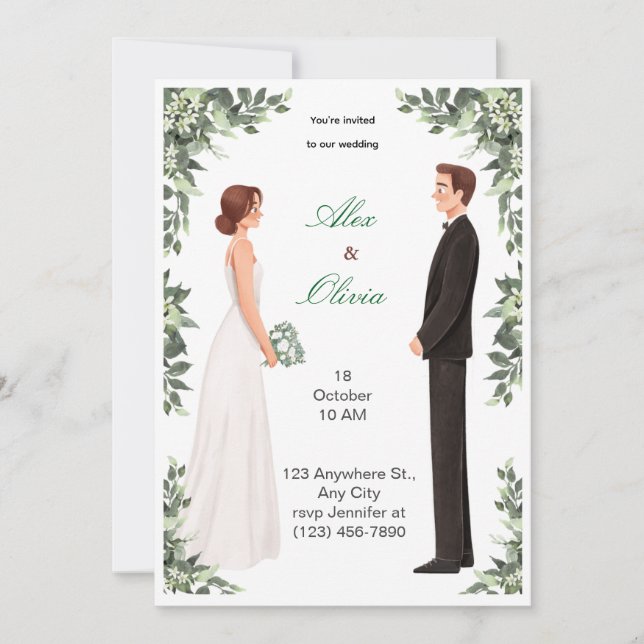 Convite de Casamento Ilustrado Elegante (Frente)