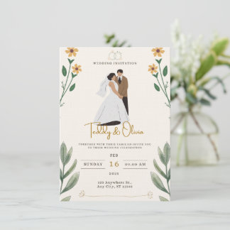 Convite de Casamento Ilustrado Simples Verde Creme