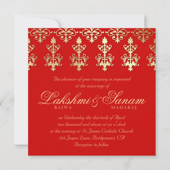 Convite de Casamento Indiano 232 Damasco Dourado V (Frente)
