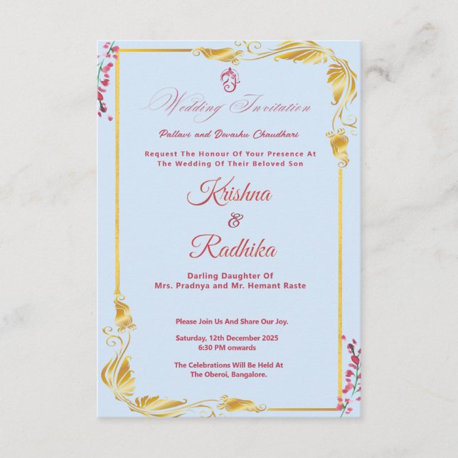 Convite de casamento indiano azul-celeste (Frente)
