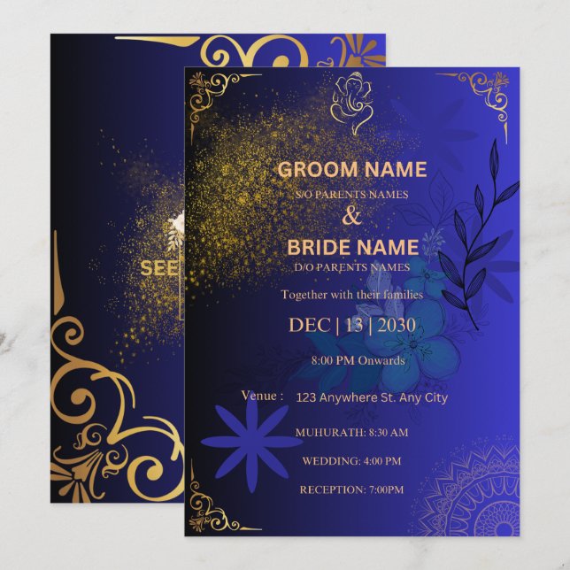 Convite de Casamento Indiano Azul e Dourado Elegan (Frente/Verso)