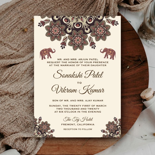 Convite de Casamento Indiano com Motivo Marrom Vin (Criador carregado)