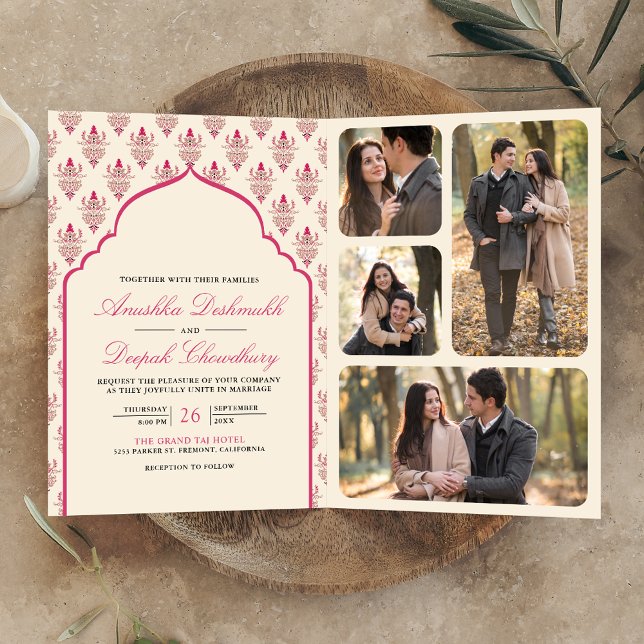 Convite de Casamento Indiano Cream Rani Pink Ikat  (Criador carregado)