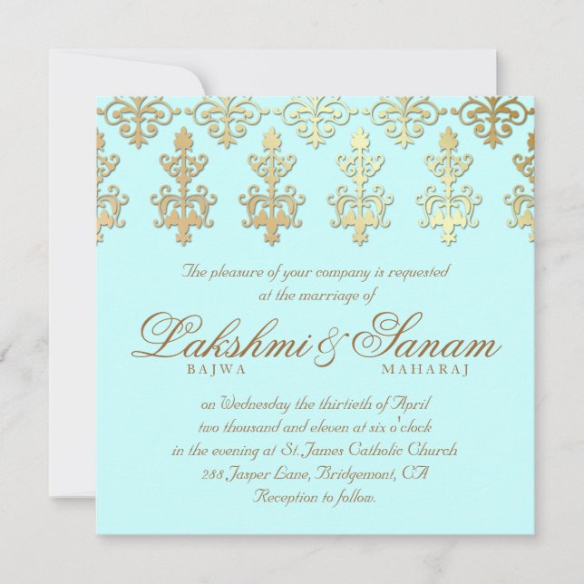 Convite de casamento indiano Damask Dourado Baby B (Frente)