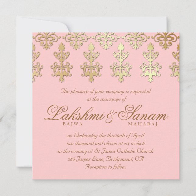 Convite de casamento indiano Damask Dourado Baby P (Frente)