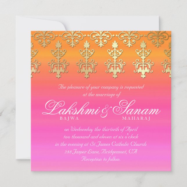 Convite de casamento indiano Damask Dourado cor-de (Frente)