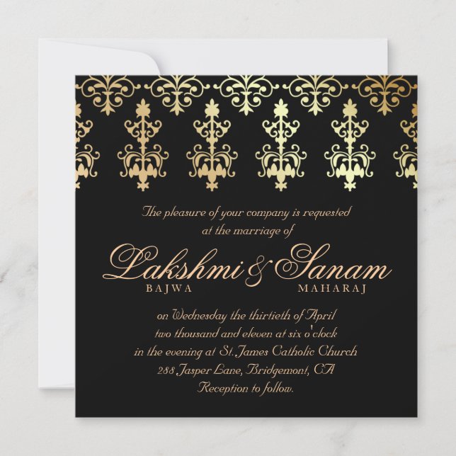 Convite de casamento indiano Damask Dourado de inv (Frente)