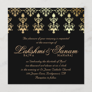 Convite de casamento indiano Damask Dourado de inv