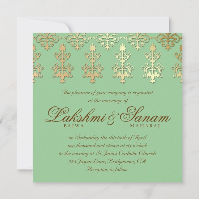 Convite de casamento indiano Damask Dourado Primav (Frente)