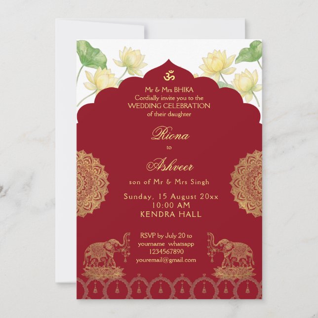 Convite de Casamento Indiano Elefante Mandala (Frente)