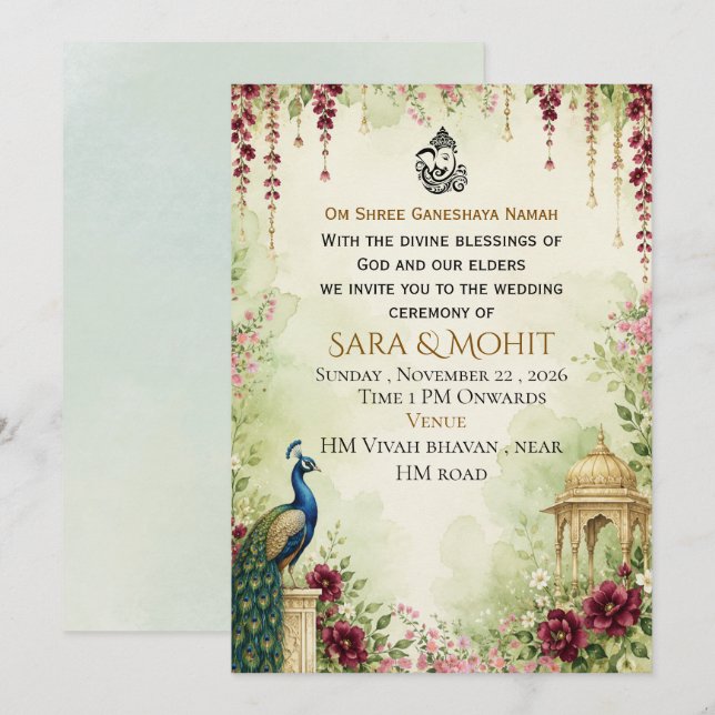Convite de Casamento Indiano Elegante (Frente/Verso)