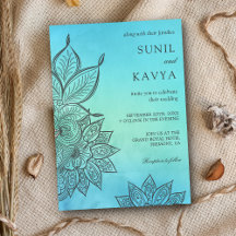 Convite de Casamento Indiano Henna Aquarela Azul