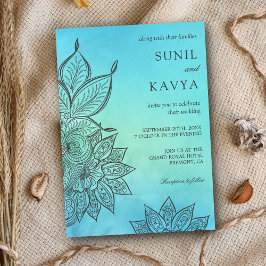 Convite de Casamento Indiano Henna Aquarela Azul
