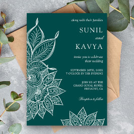 Convite de Casamento Indiano Henna Verde Mar