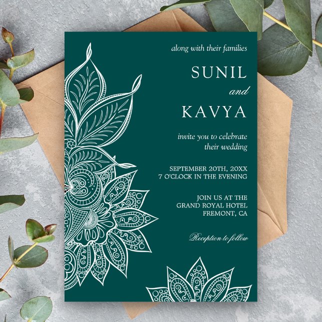 Convite de Casamento Indiano Henna Verde Mar (Criador carregado)
