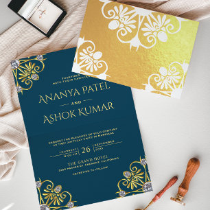 Convite de Casamento Indiano Mandala Azul e Dourad