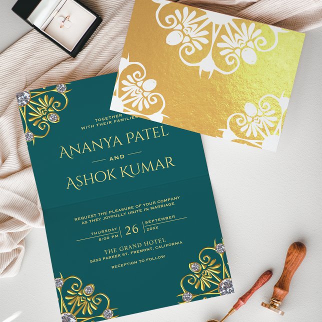 Convite de Casamento Indiano Mandala Azul-Verde e  (Criador carregado)