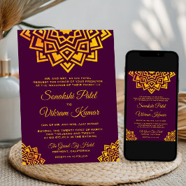 Convite de Casamento Indiano Mandala Dourado com A