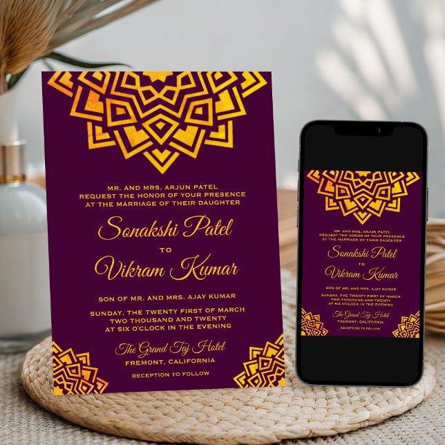 Convite de Casamento Indiano Mandala Dourado com A (Criador carregado)